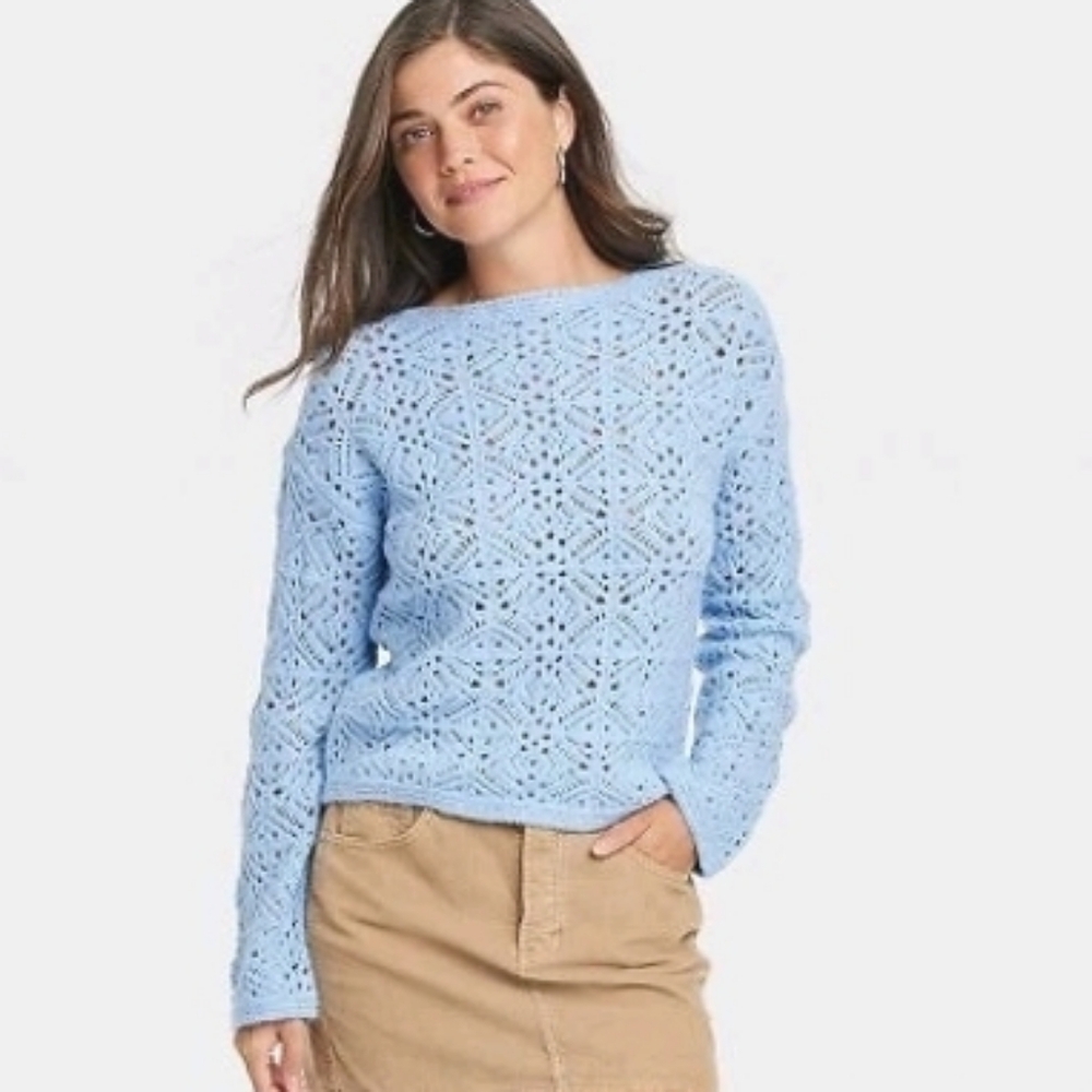 Universal Thread Women's Boatneck Openwork Pullover Sweater S Blue